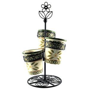 Temptations Old World 3 Stoneware Pots Herb Garden Set Metal Display Stand Green
